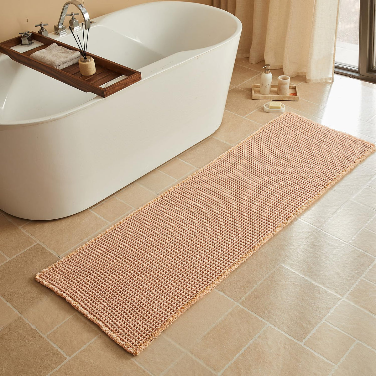 Triohero Waffle Bath Mat, Small Boho Bathroom Rugs Non Slip, 16x24 Khaki