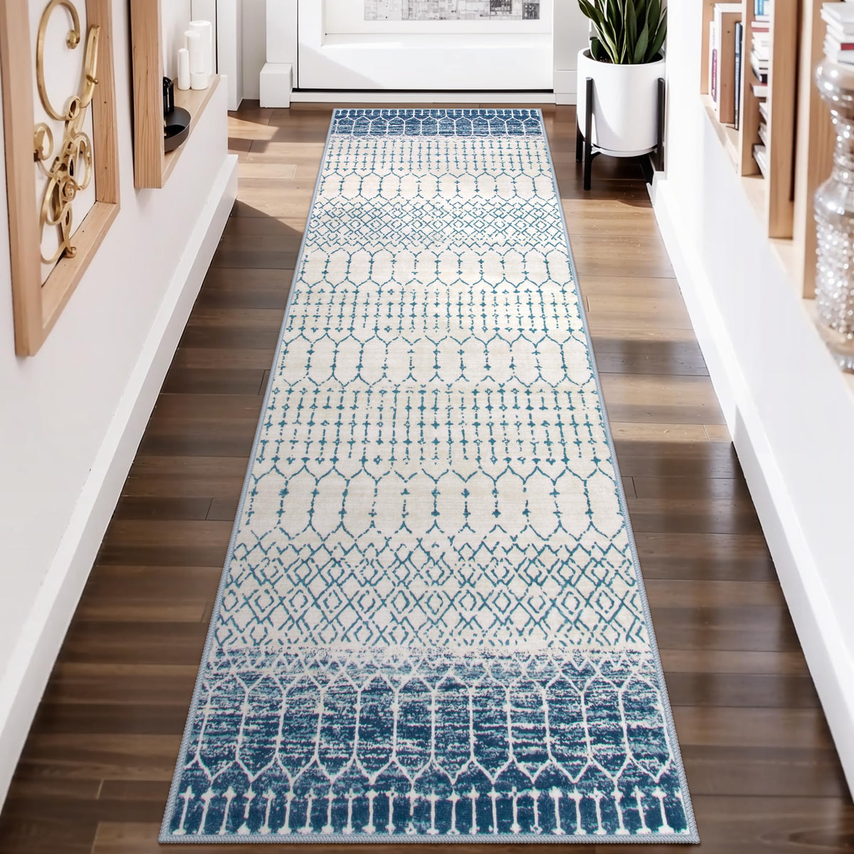 Lahome Moroccan Indoor Rugs for Entryway 2x3 Area Rug Non-Slip Backing Washable Inside Door Mats Low-Profile Throw Soft Rugs for Bathroom, Geometric Print Distressed Blue Rug for Kitchen Bedside Hana