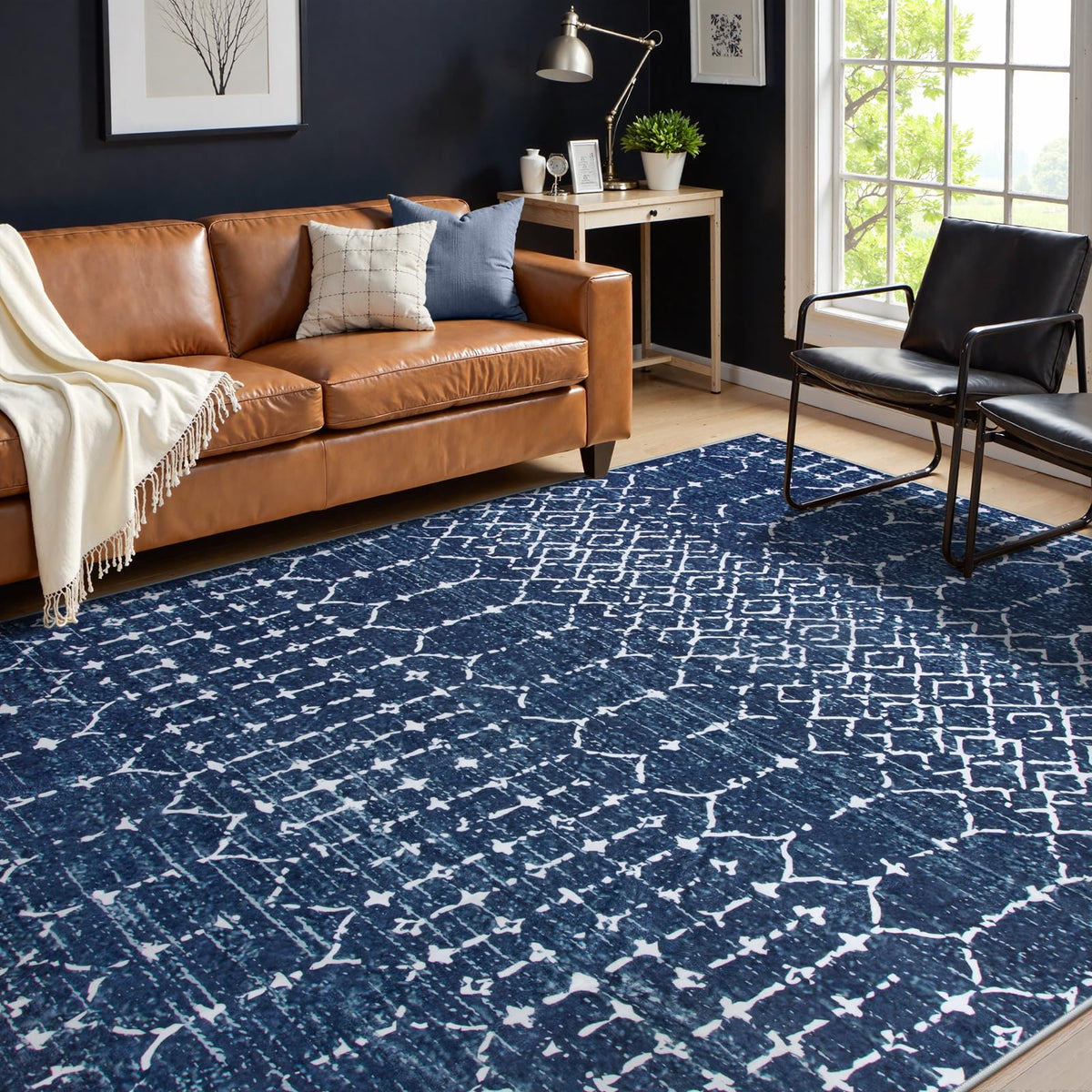 Lahome Moroccan Indoor Rugs for Entryway 2x3 Area Rug Non-Slip Backing Washable Inside Door Mats Low-Profile Throw Soft Rugs for Bathroom, Geometric Print Distressed Blue Rug for Kitchen Bedside Hana