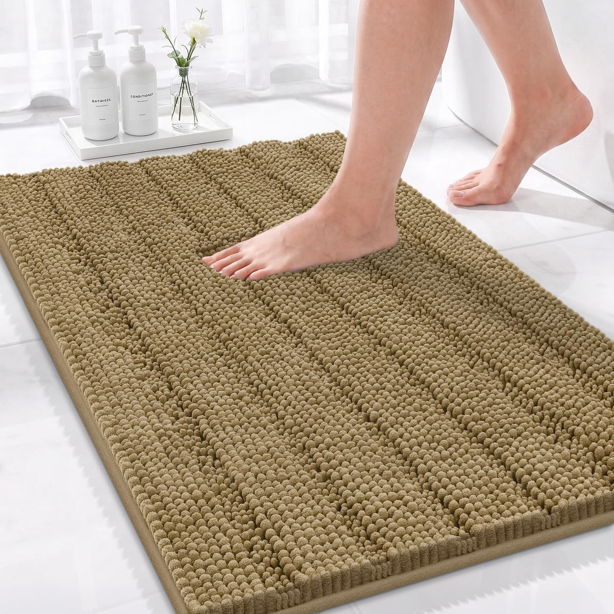 Bcoimo Small Bath Rug Mat,24x17 Chenille Non Slip Gray Bathroom Shower Mat