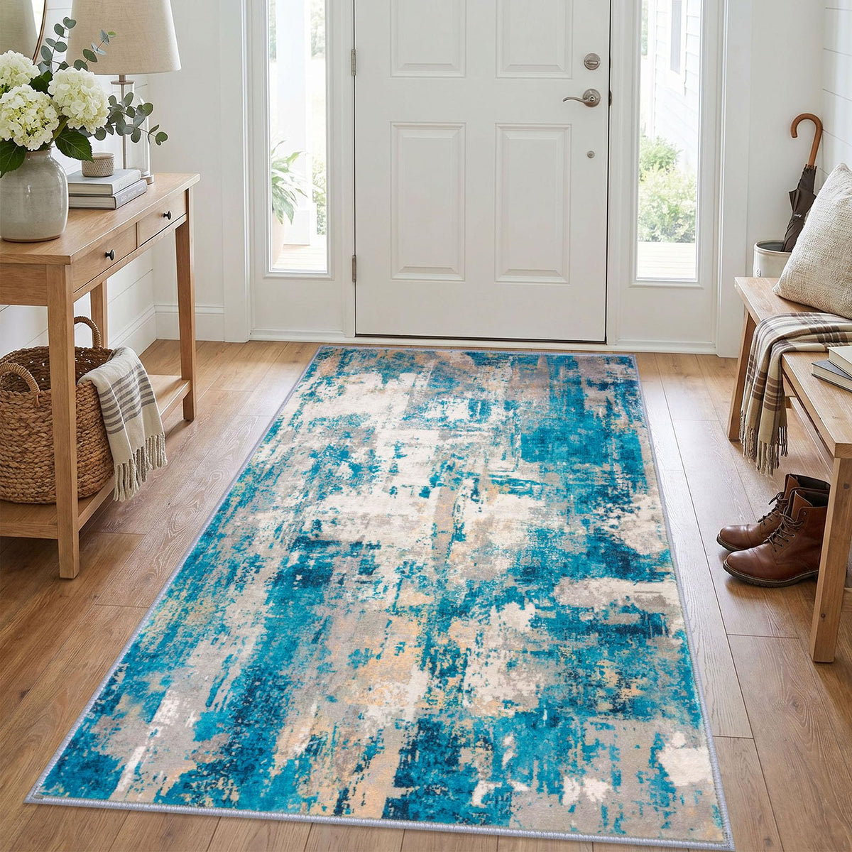 KOZYFLY Abstract Rugs for Entryway 2x3 Washable Small Area Rug Grey-Blue