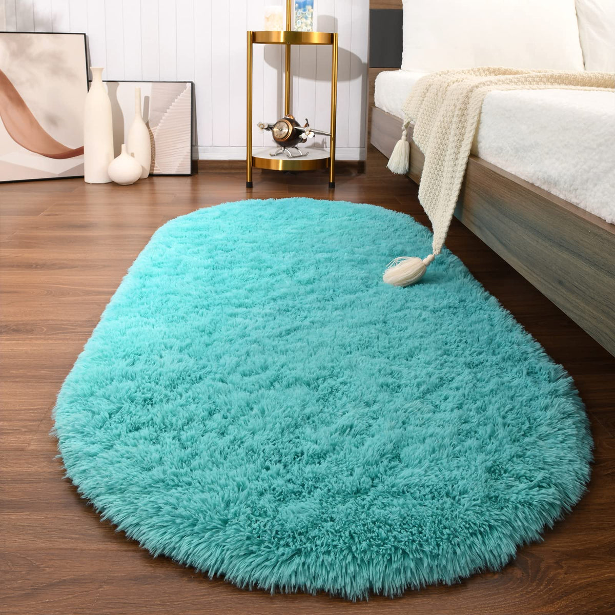 Softlife Fluffy Rugs for Bedroom, Shag Cute Area Rug for Girls/Boys and Kids Baby Room Home Decor, 2.6 x 5.3 Feet Oval Indoor Carpet for Nursery Dorm Living Room, Creamy