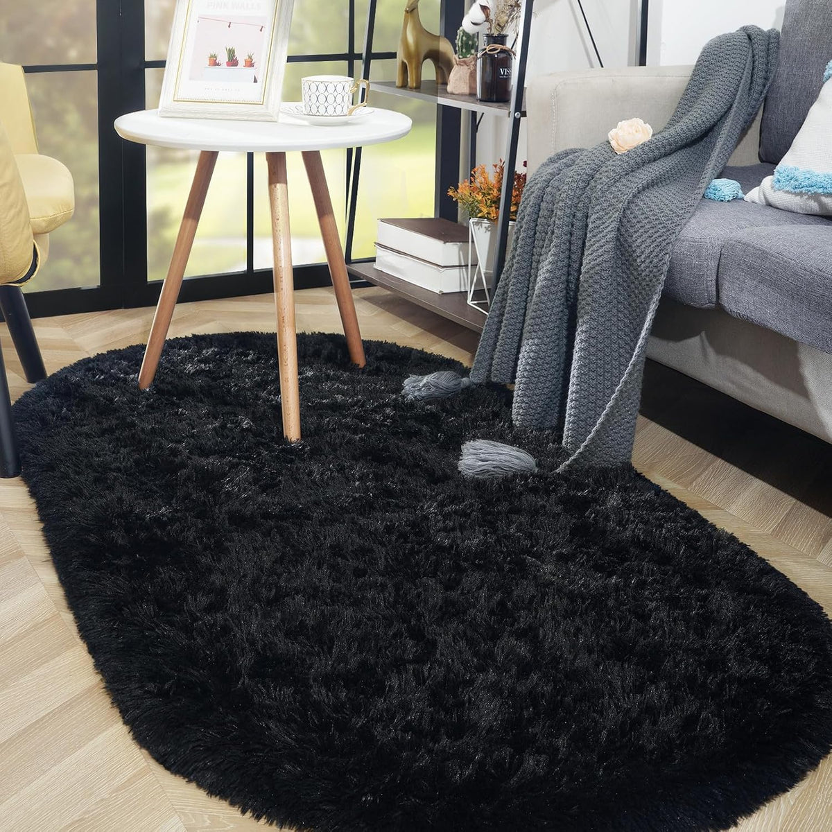 ISEAU Oval Fluffy Rug Carpets for Kids Bedroom,2.6x5.4ft,Black