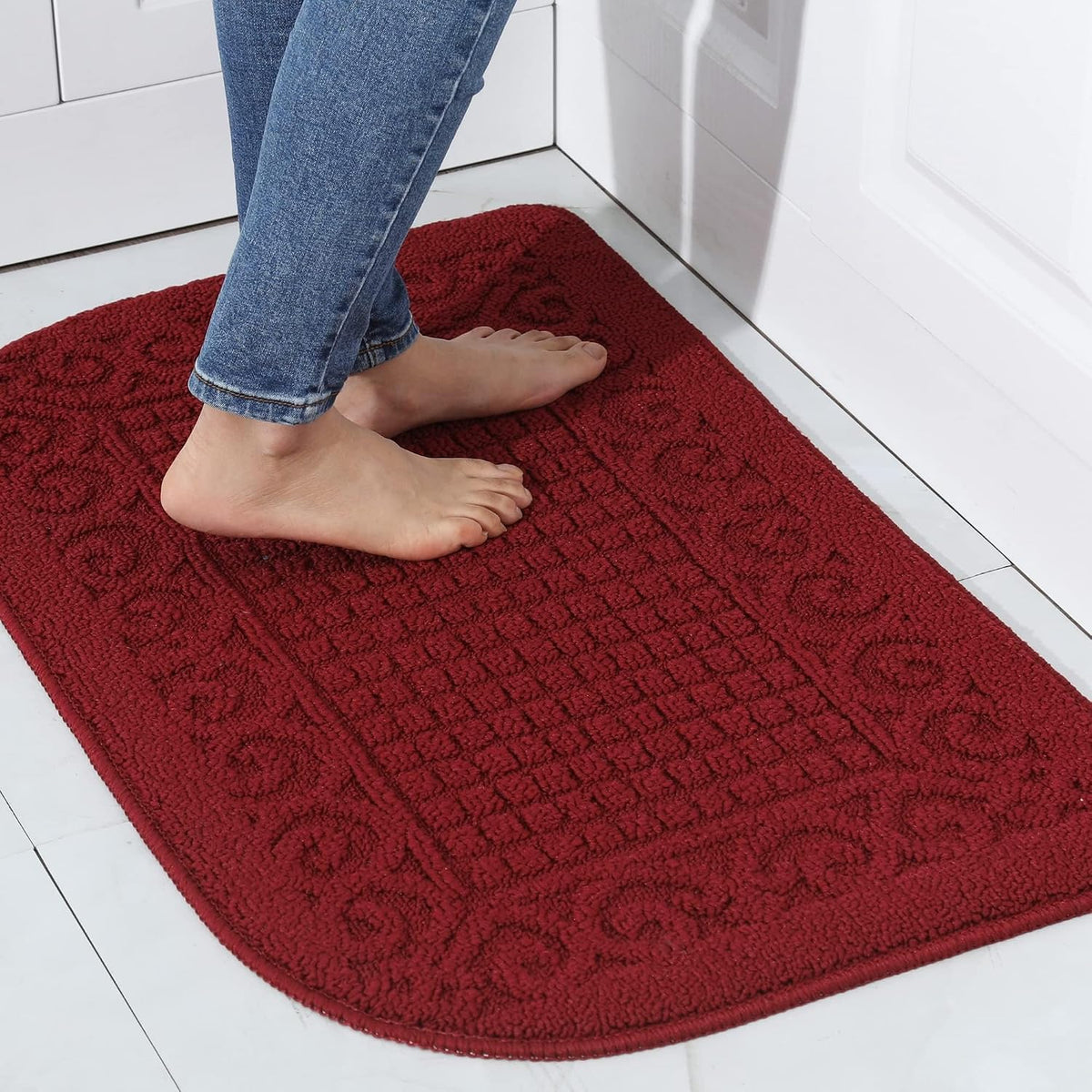 COSY HOMEER 27x18 Half Round Kitchen Rug,Non Slip Washable Mat,Burgundy 1PC