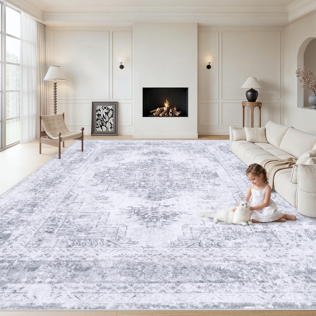 XLUEZ Area Rug 8x10 Living Room Rug, Machine Washable Vintage Distressed Medallion Rug Non-Slip Soft Low Pile Large Indoor Rugs for Bedroom Dining Room Office Children's Room (Beige,8'x10')