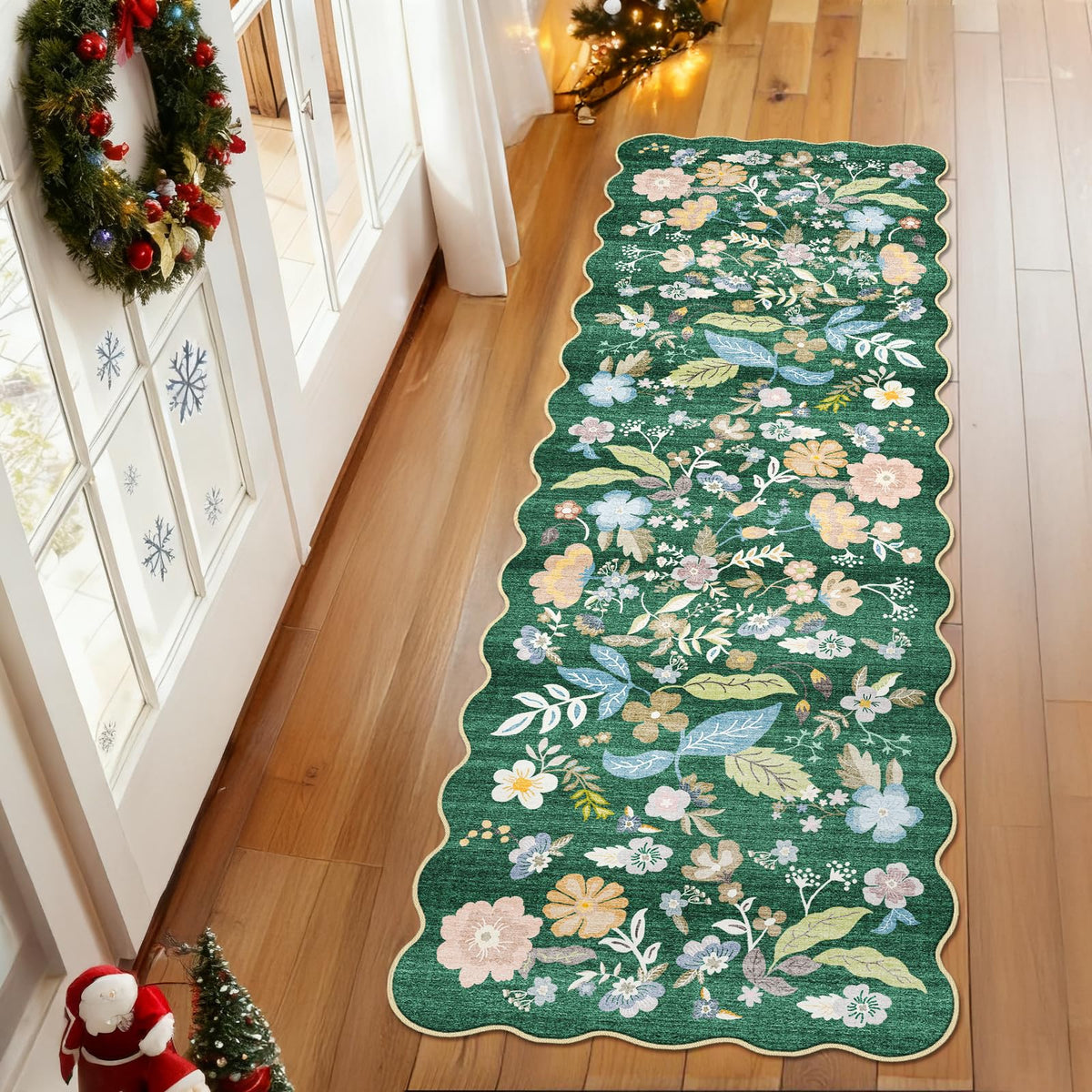 2x4 Rug Washable for Entryway - Non-Slip Scalloped Floral Throw Rug Black