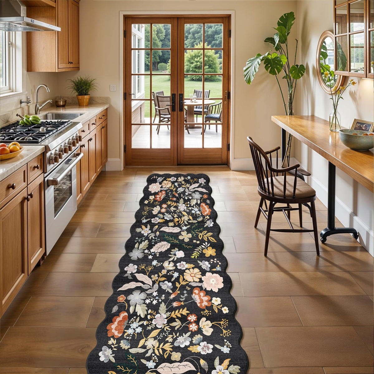 2x4 Rug Washable for Entryway - Non-Slip Scalloped Floral Throw Rug Black