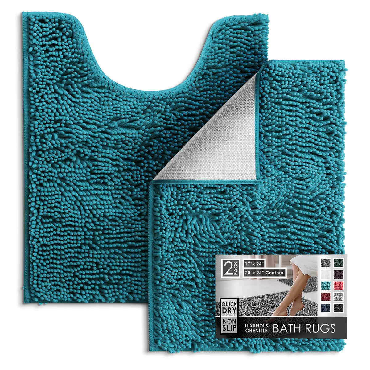 Hearth & Harbor Bathroom Rugs, Chenille Bath Mat - Machine Washable Bath Mats for Bathroom Non-Slip Backing Rubber, Quick Dry Bathroom Mat, 17 x 24 + 20 x 32 - Hunter Green