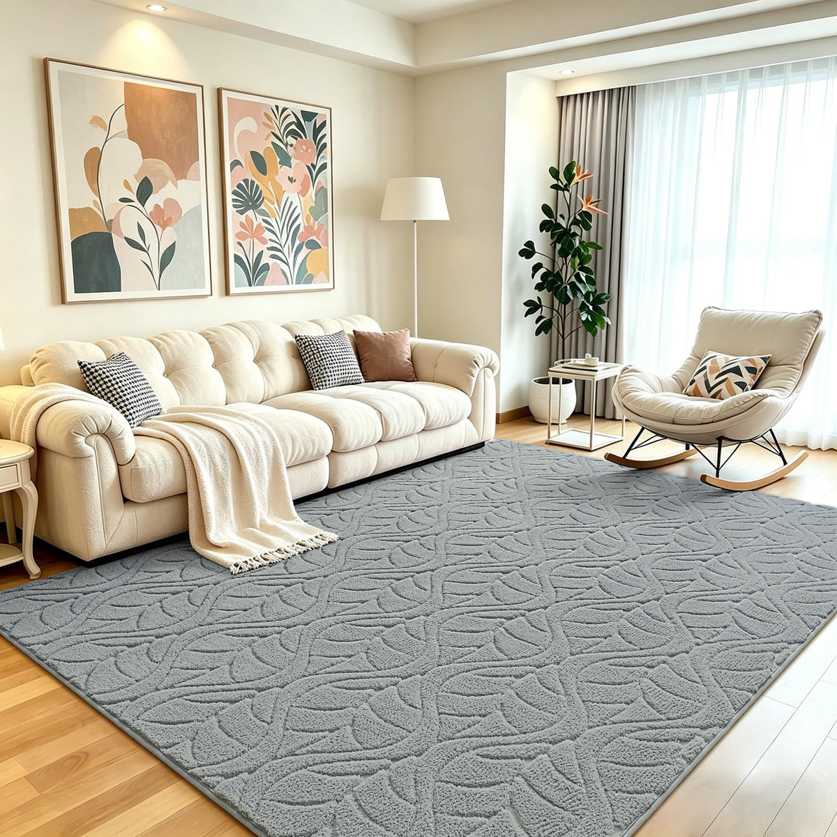 Grey Fluffy Area Rug for Bedroom, 3x5 Geometric Shag Rugs