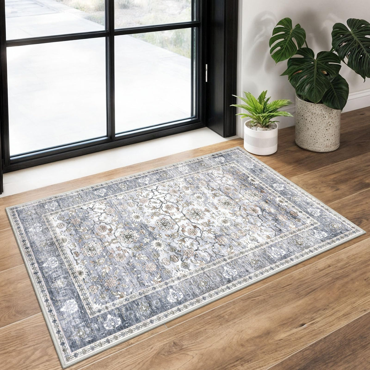 KUTA Vintage Floral Washable 2x3 Rugs for Entryway Blue Grey Beige