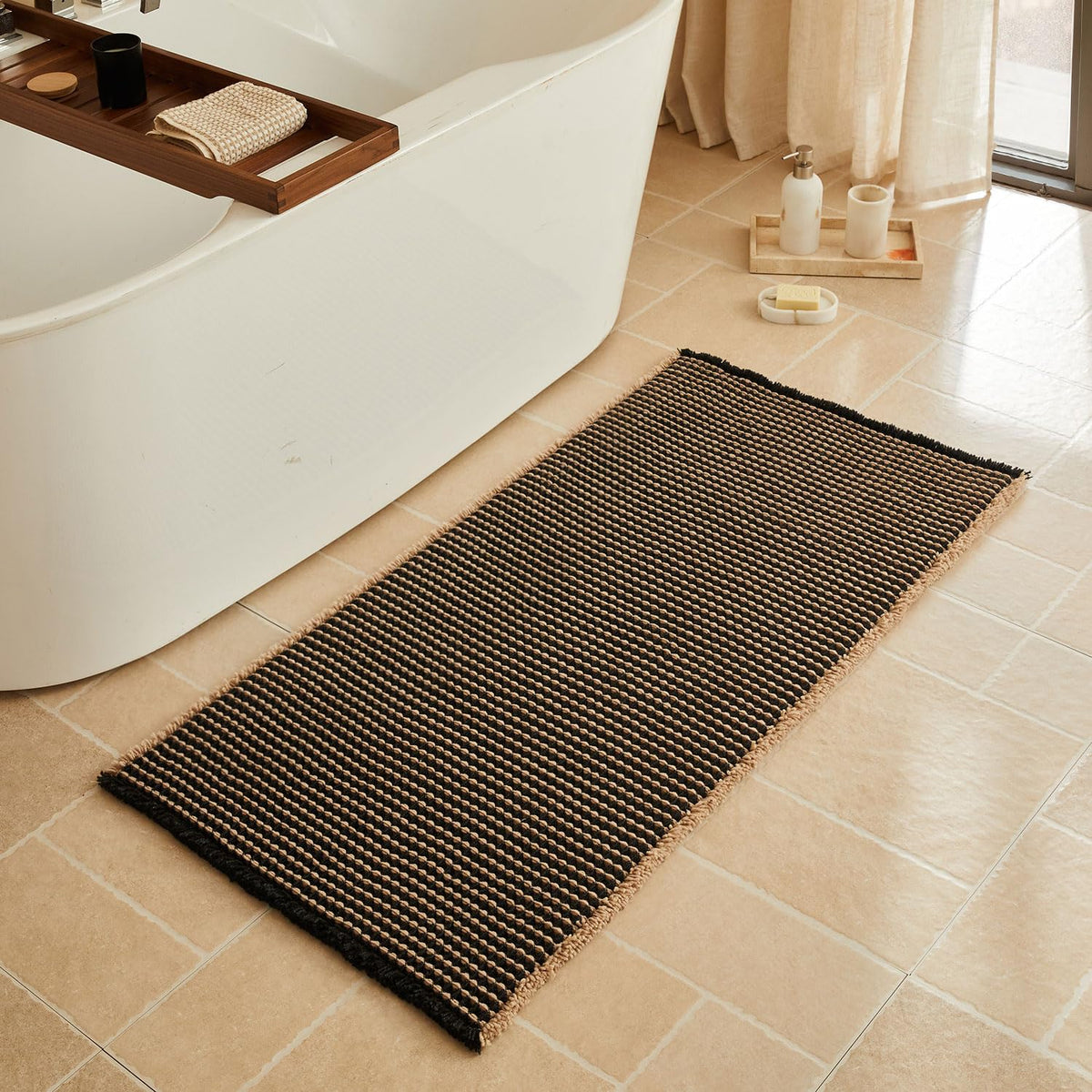 Triohero Waffle Bath Mat, Small Boho Bathroom Rugs Non Slip, 16x24 Khaki