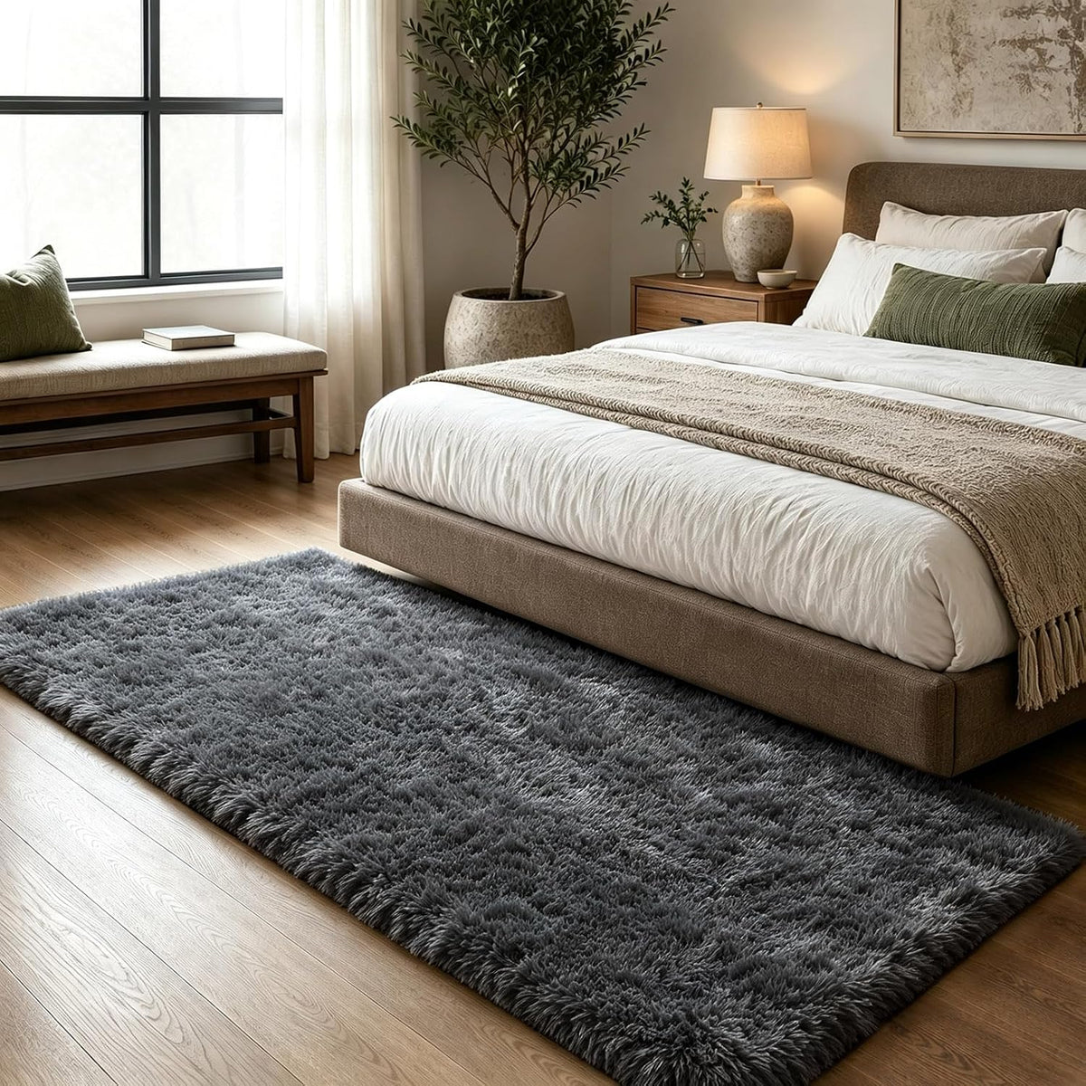 2x6 Dark Grey Fluffy Runner Rug for Hallway and Bedroom, Washable Soft Shaggy Carpet, Non-Slip Thick Shag Rug for Bedside and Living Room, Kids' and Girls' Nursery, Aesthetic Home Decor