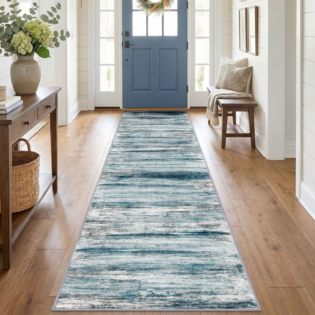 KOZYFLY Abstract Entryway Rug 2x3 Washable Door Mat Indoor Blue Beige