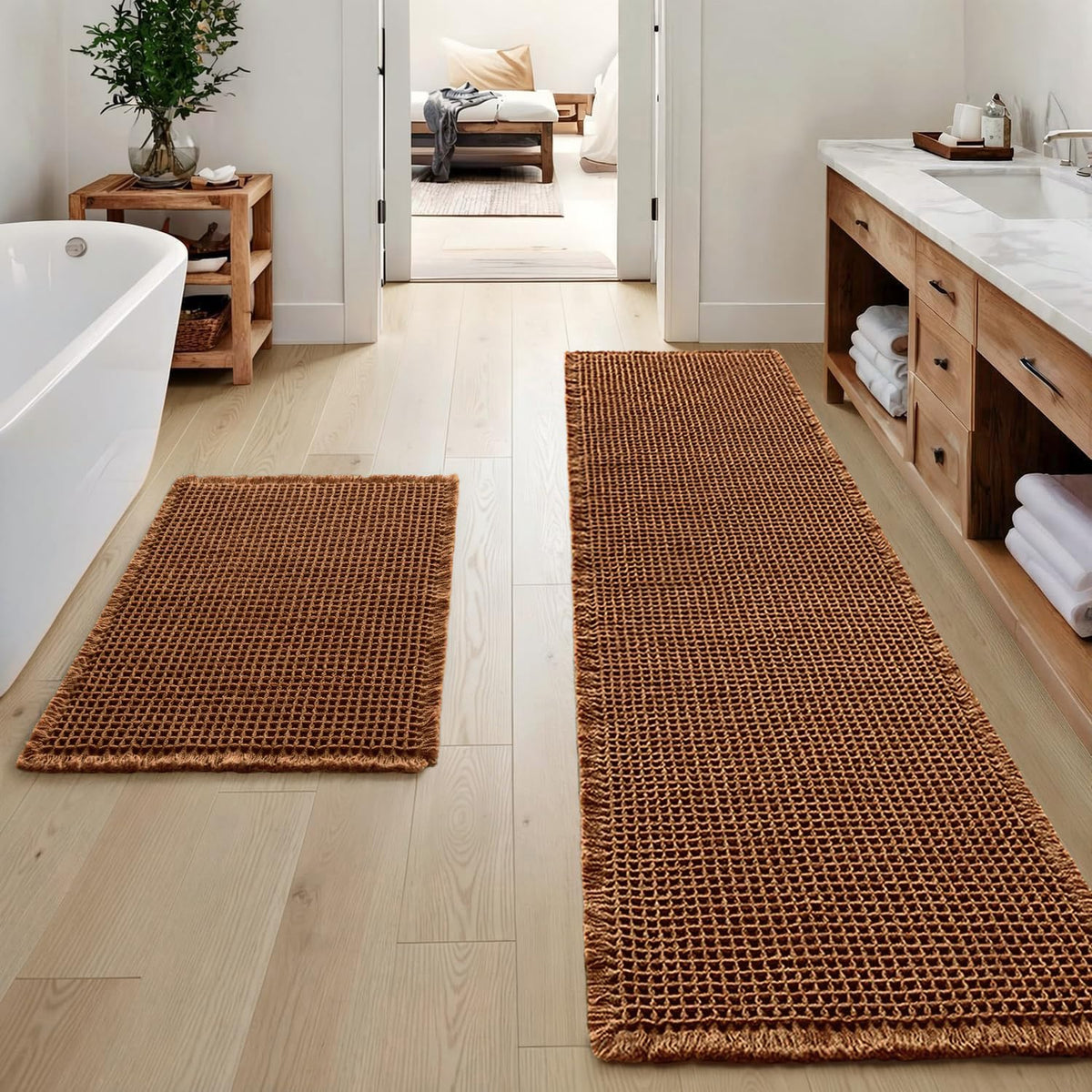 MIULEE Set of 2 Waffle Bathroom Rugs Boho Bath Mat Brown 18x30 Inch