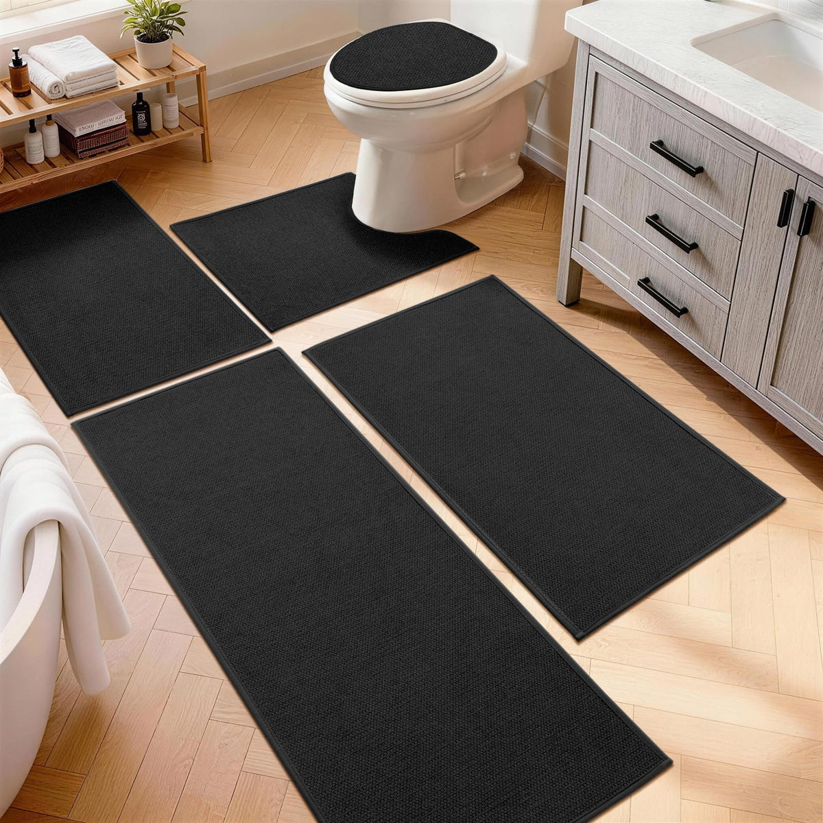 YIHOUSE Gray Bathroom Rugs Sets 3 Piece, Quick Dry Thin Bath Mat with Toilet Rug, Non Slip Absorbent Machine Washable, Bath Runner Rugs for Bathtub Sink Home Decor