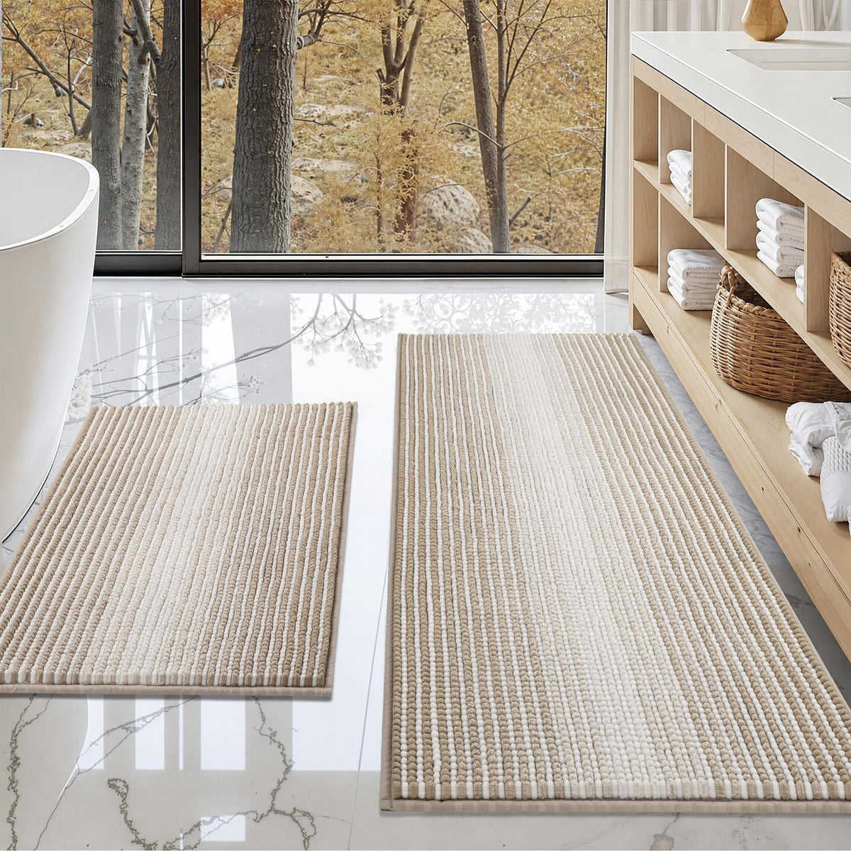 BSICPRO Bathroom Rugs Sets 2 Piece, Non Slip Striped Bath Mats, Sage