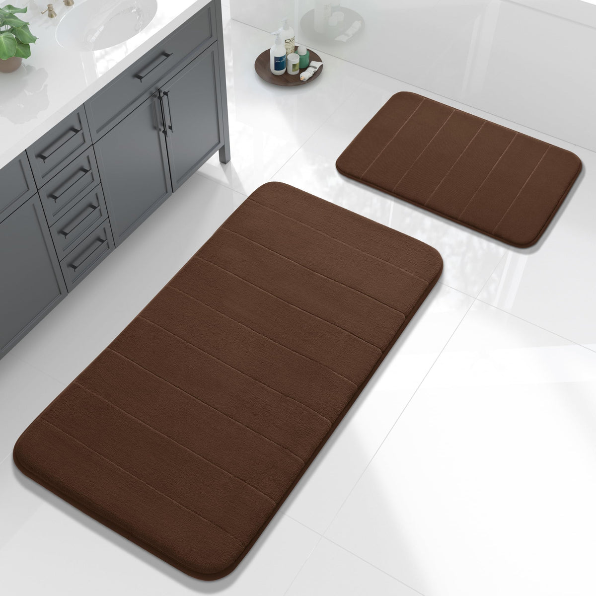 Yimobra Memory Foam Bathroom Rugs Sets 2 Piece - Super Soft Absorbent Quick Dry Bath Mat Set, Machine Washable Non Slip Floor Carpet for Tub Shower & Single Sink (17x24 & 31.5x20 Inch, Gray)