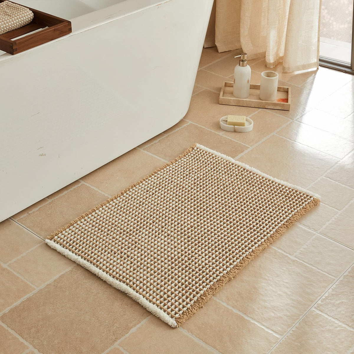 Triohero Waffle Bath Mat, Small Boho Bathroom Rugs Non Slip, 16x24 Khaki