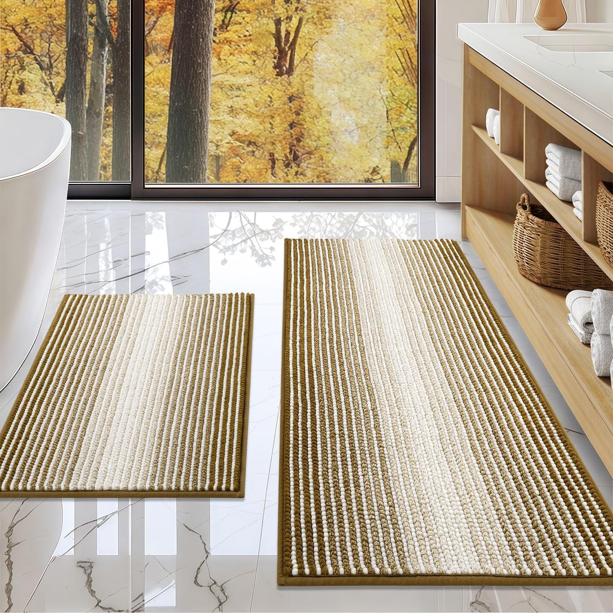 BSICPRO Bathroom Rugs Sets 2 Piece, Non Slip Boho Bath Mats, Beige