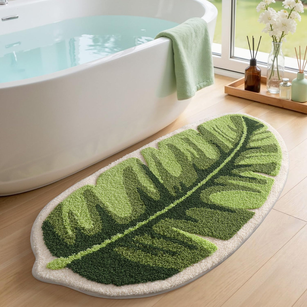 LUMI Bathroom Rug Green Leaf, Absorbent Non Slip Bath Mat, 23.5"x31.5"