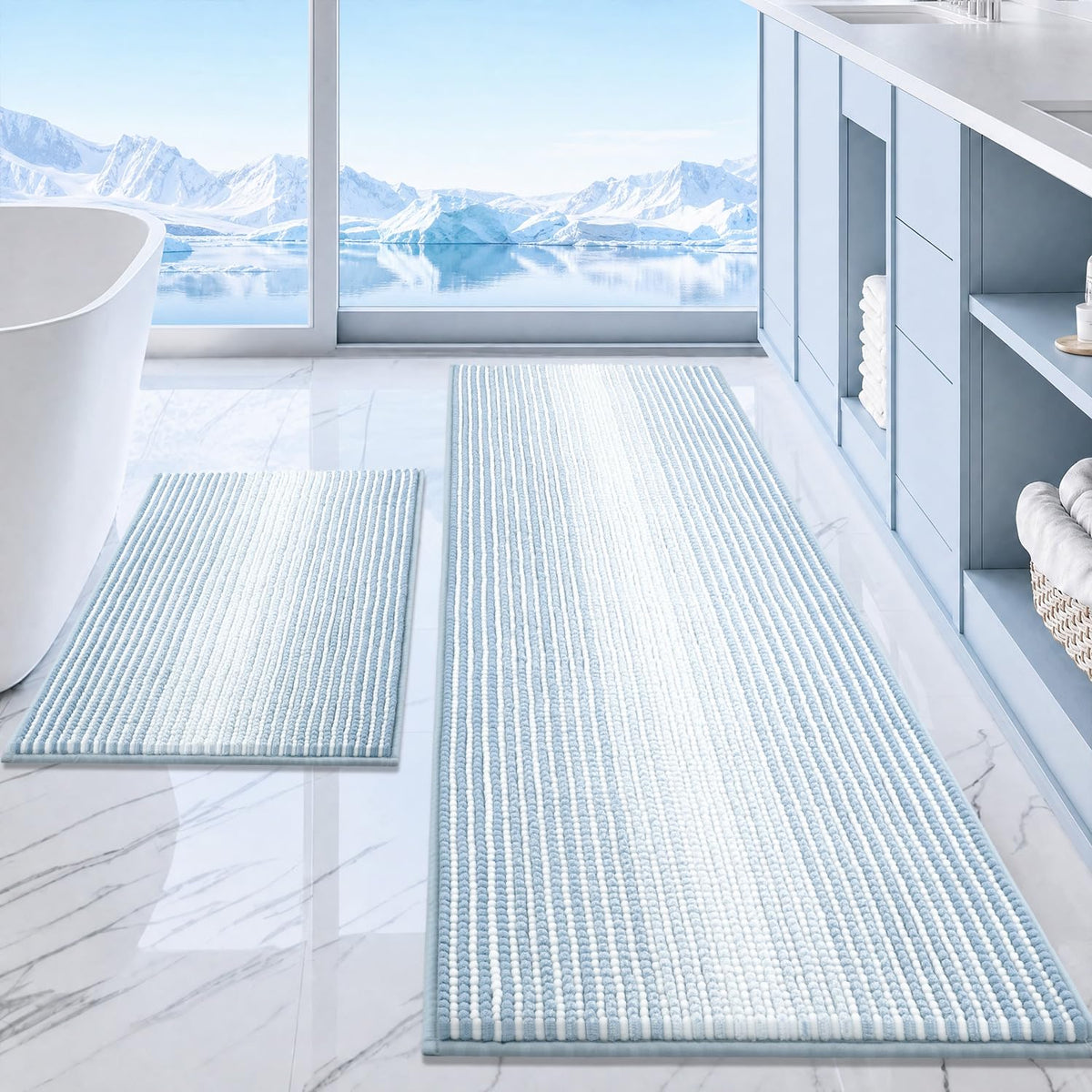 BSICPRO Bathroom Rugs Sets 2 Piece, Non Slip Striped Bath Mats, Sage