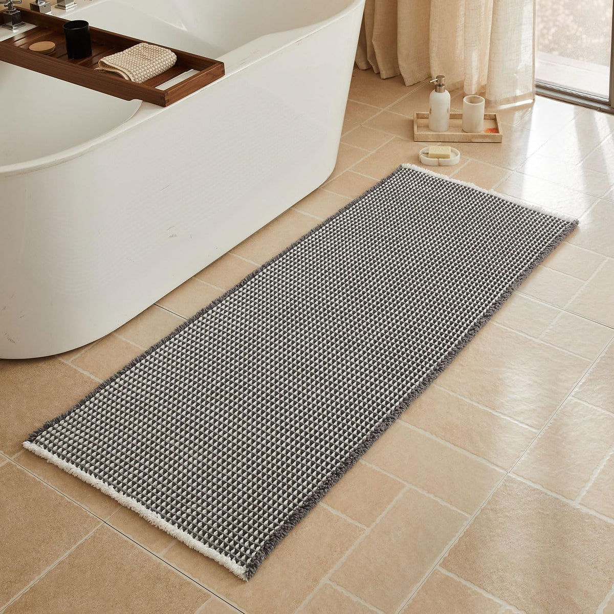 Triohero Waffle Bath Mat, Small Boho Bathroom Rugs Non Slip, 16x24 Khaki