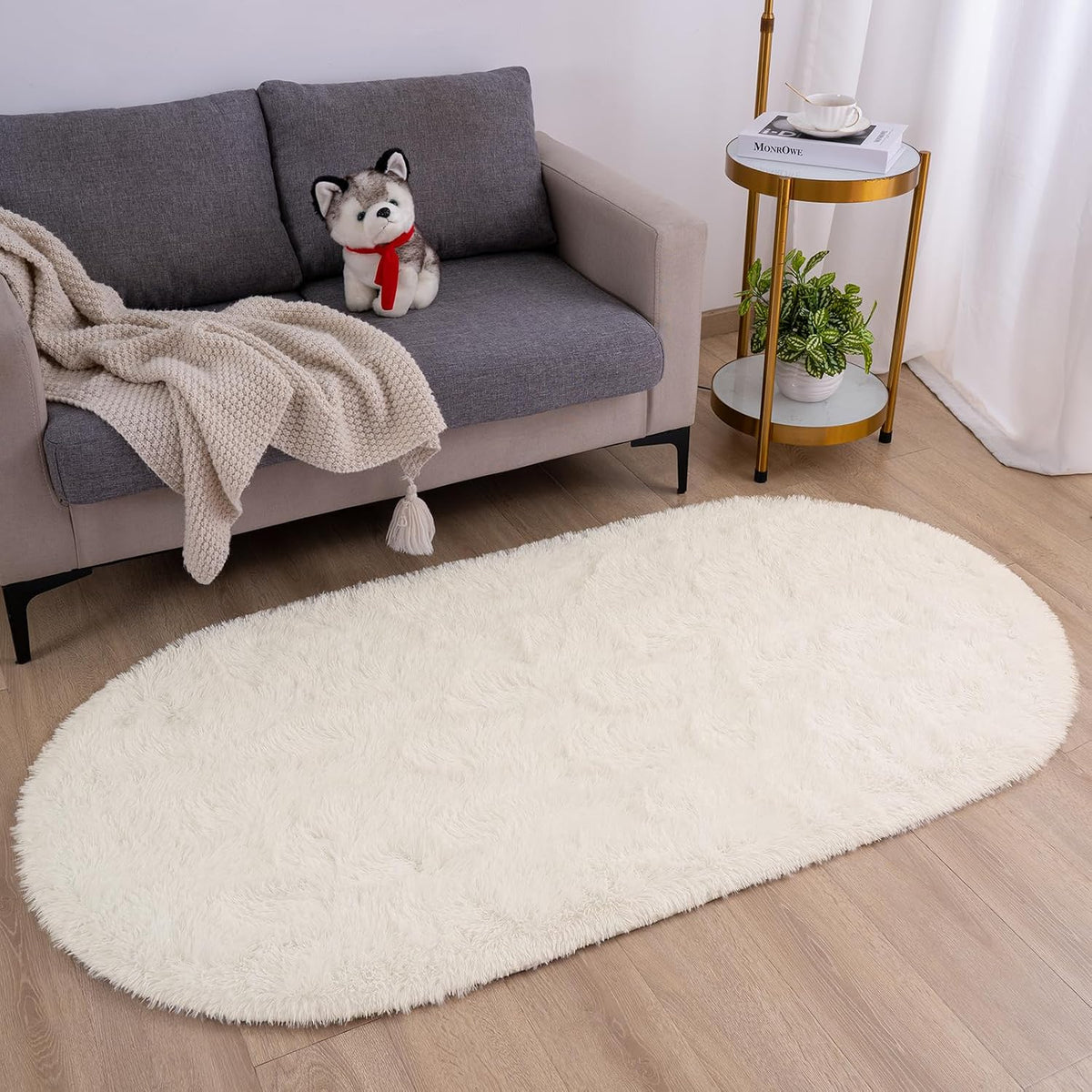 Goideal Fluffy Bedroom Rug, Small Oval Area Rugs, Cream Shag Bedside Carpet for Kids Room Nursery Dorm Cute Fuzzy Indoor Decor for Boy and Girl, 2.6 x 5.3 Feet