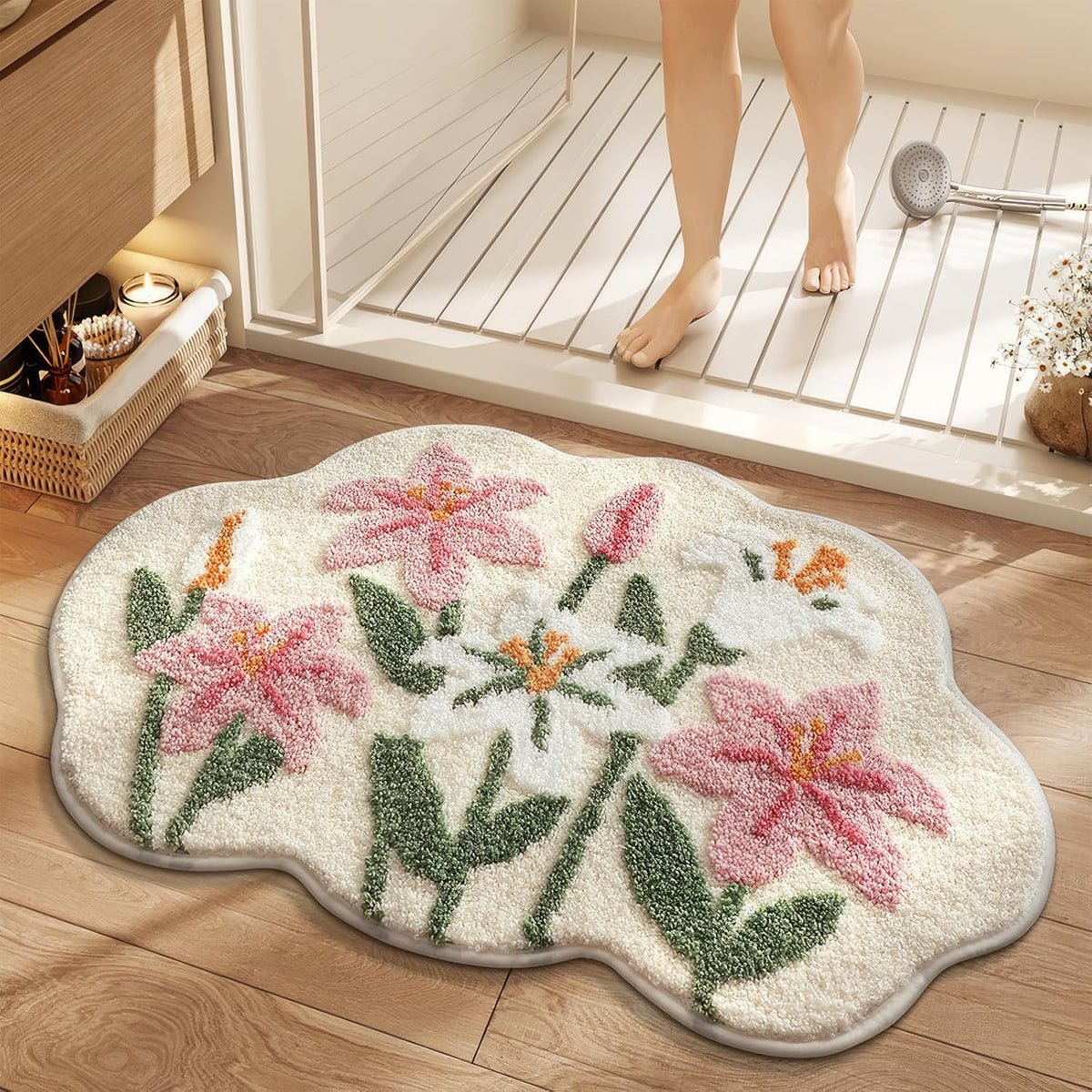 Cloud-Shaped Lily Bath Mat, Soft Non-Slip Fluffy Fresh Flowers Bathroom Rug, Ultra Absorbent Microfiber Shaggy Door Mat, Machine Washable Bath Rug Carpet for Bathtub Bedroom 20x31 Inch (White)