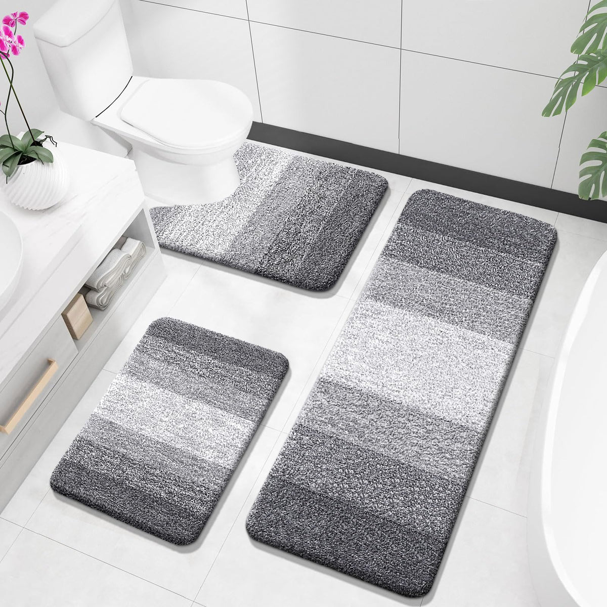 OLANLY Microfiber Bathroom Rugs Sets 3 Piece, Absorbent Bath Mats, Grey