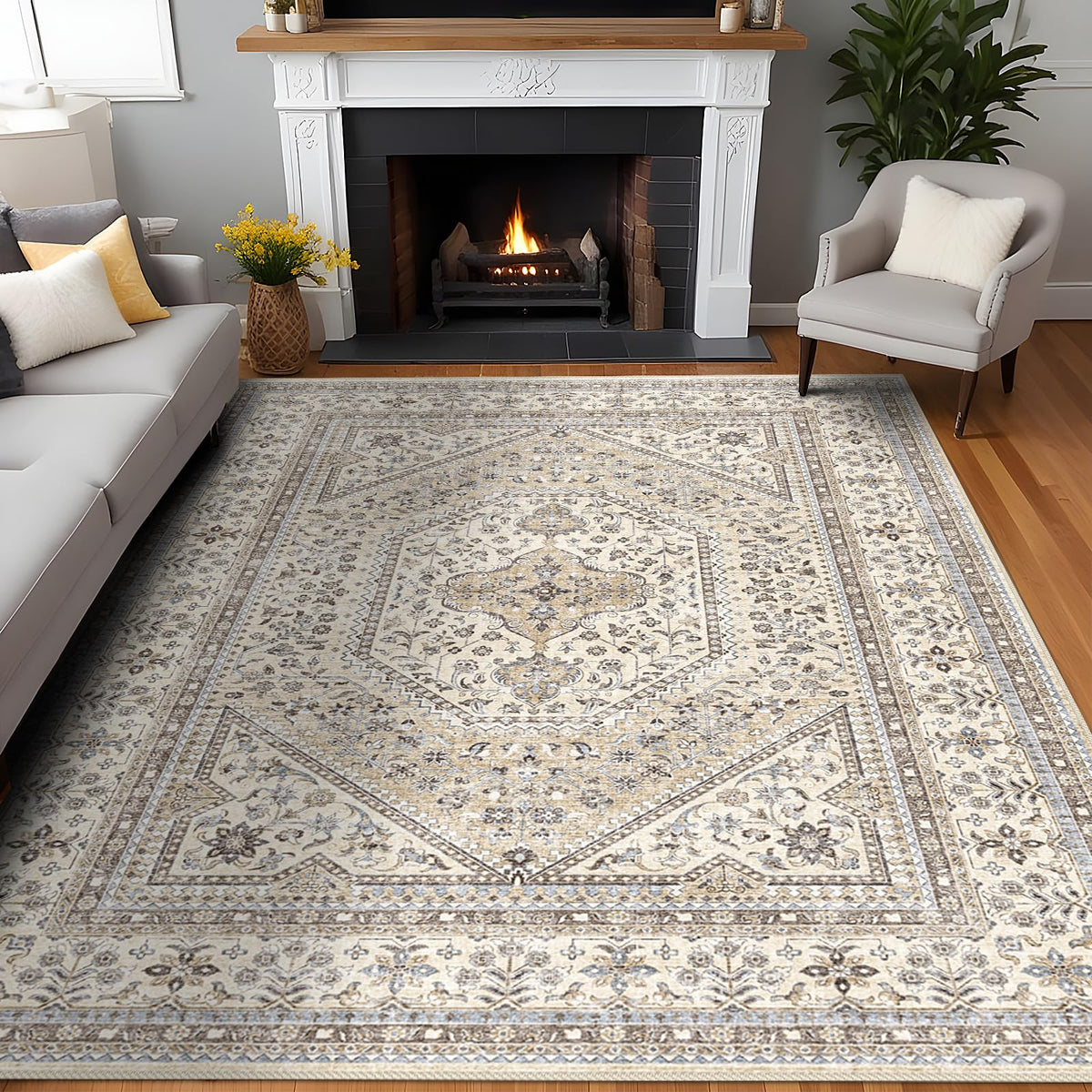 2x3 Washable Entryway Area Rug - Non-Slip Boho Throw Rugs Beige Gray