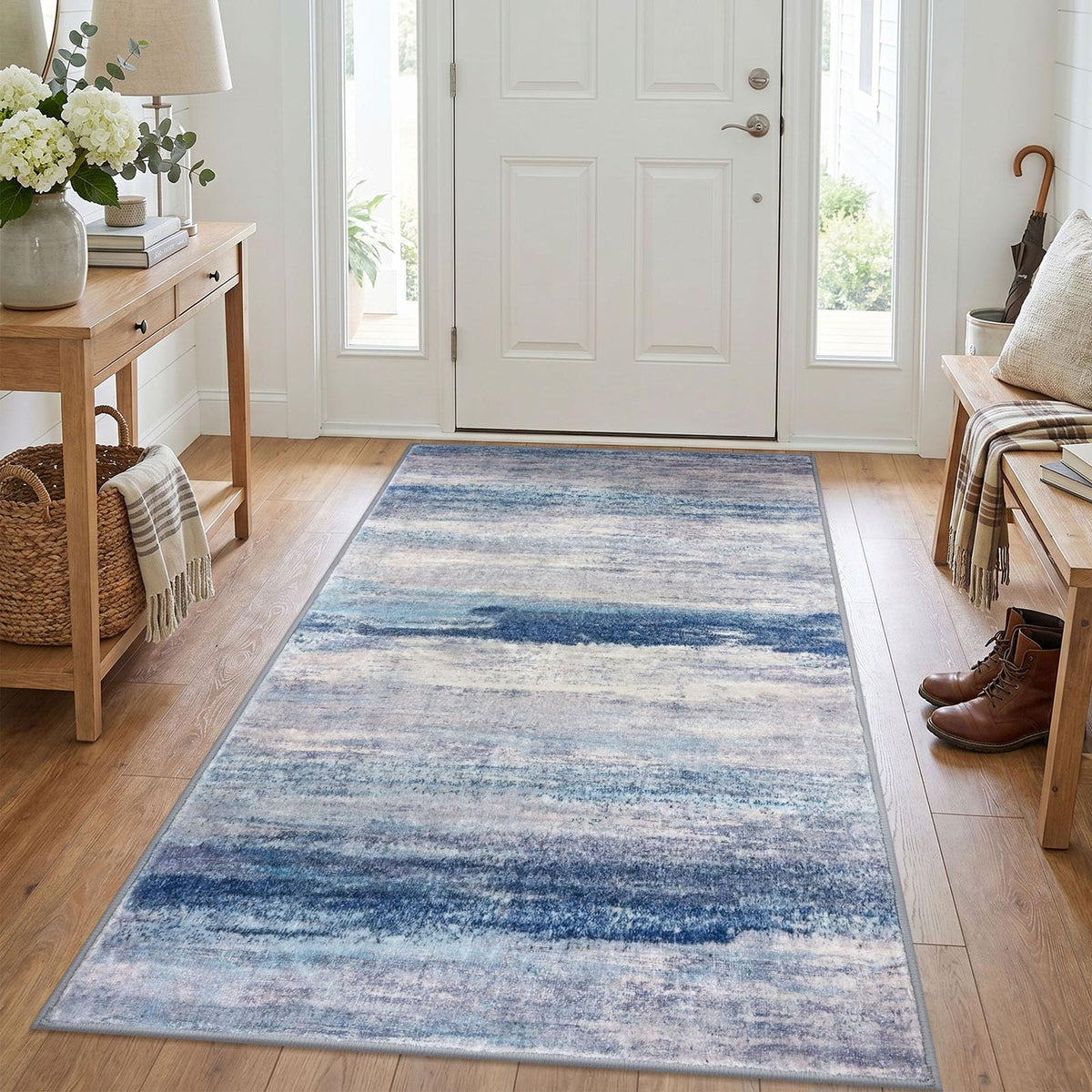 KOZYFLY Abstract Entryway Rug 2x3 Washable Door Mat Indoor Blue Beige