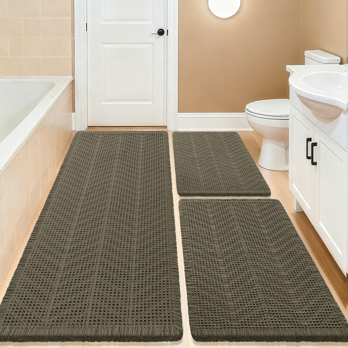 Upgrade Waffle Bath Mat Set 2 Piece, Boho Bathroom Rugs Absorbent Non Slip, Ultra Soft Bathroom Mat, Machine Washable Knit Bath Rugs with Herringbones for Bathroom, Bedroom, Kitchen, Shower, White