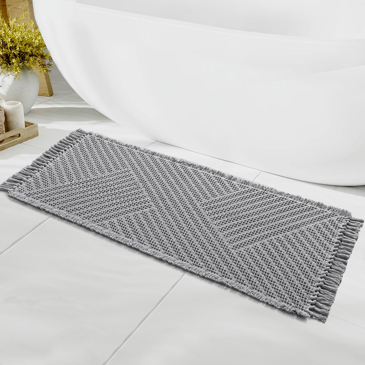 H.VERSAILTEX Waffle Bath Mat Super Absorbent Boho Bath Mat Non Slip Bath Rugs for Bathroom Floor Machine Washable Dry Fast Bathroom Rugs with Tassels, 24" x 36", Ivory White
