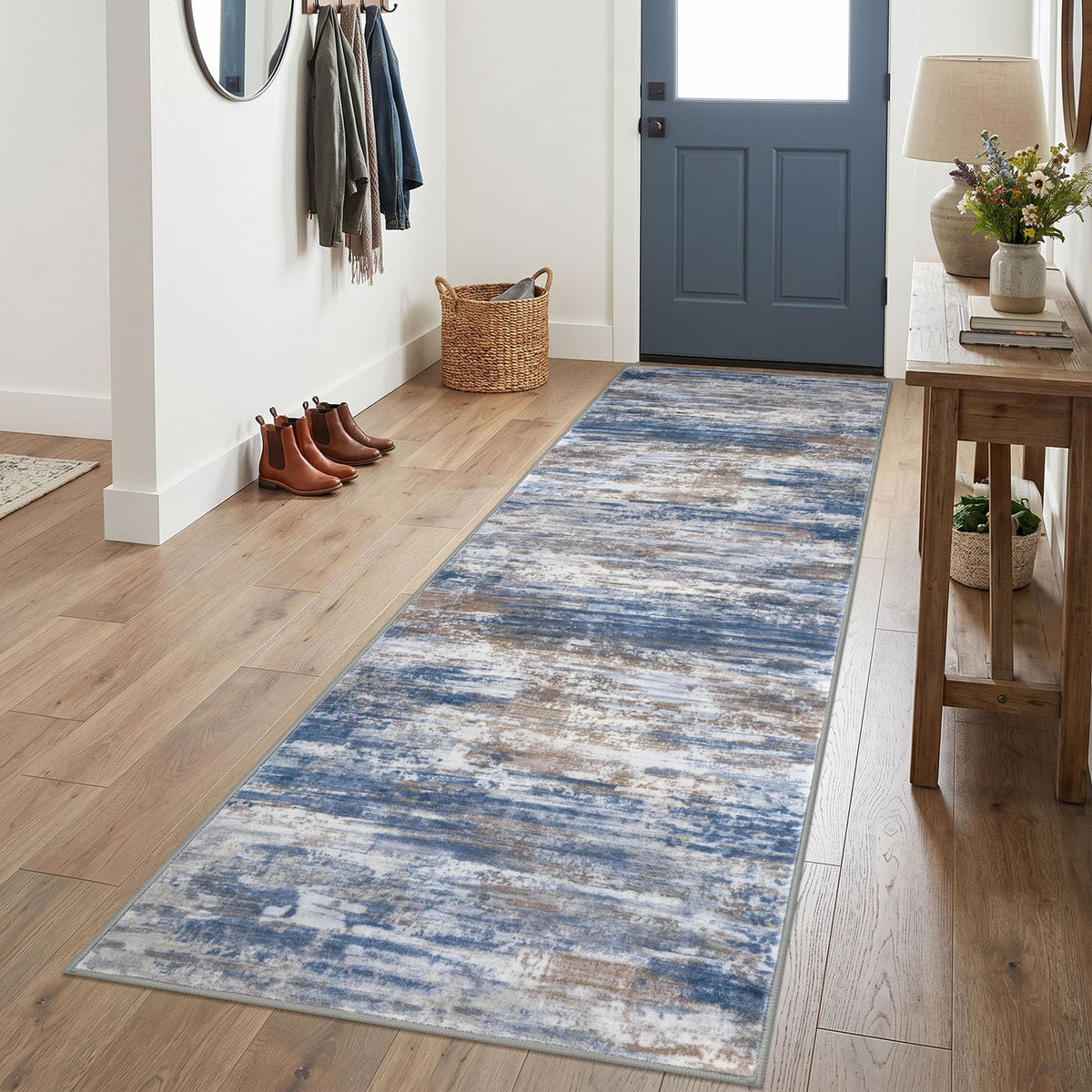 KOZYFLY Abstract Entryway Rug 2x3 Washable Door Mat Indoor Blue Beige