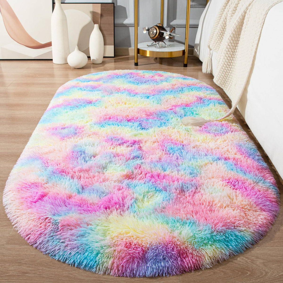 Softlife Fluffy Rugs for Bedroom, Shag Cute Area Rug for Girls/Boys and Kids Baby Room Home Decor, 2.6 x 5.3 Feet Oval Indoor Carpet for Nursery Dorm Living Room, Creamy