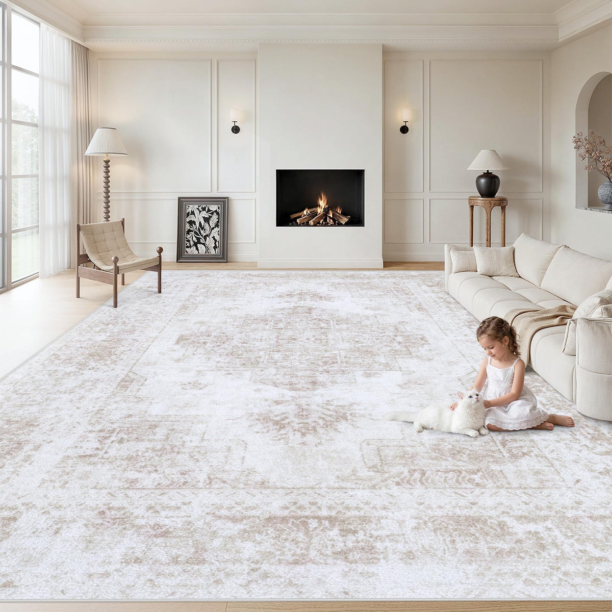 XLUEZ Area Rug 8x10 Living Room Rug, Machine Washable Vintage Distressed Medallion Rug Non-Slip Soft Low Pile Large Indoor Rugs for Bedroom Dining Room Office Children's Room (Beige,8'x10')