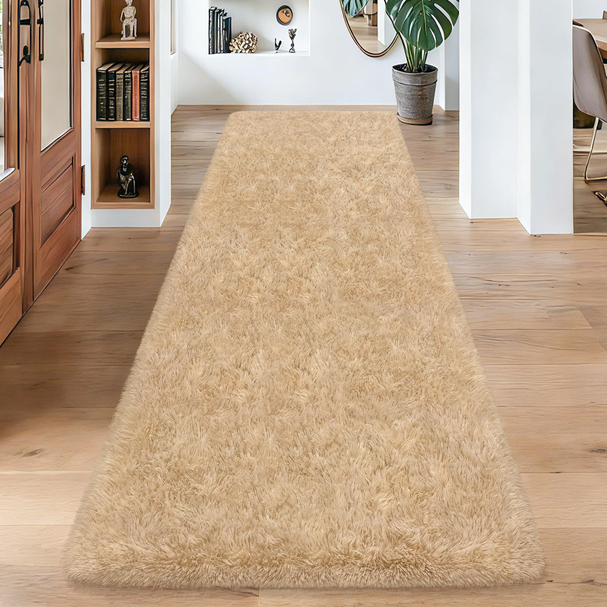 Soft Fluffy Beige Runner Rug for Bedroom, Bedside Long Rug Runner