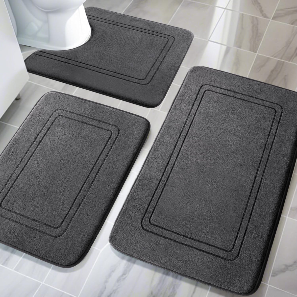 YIHOUSE Memory Foam Bath Mat Set, Non Slip Bath Mats, Super Soft and Water Absorbent, Machine Washable U Shape Toilet Mats, Dark Blue
