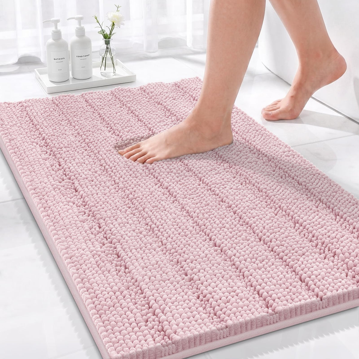 Bcoimo Small Bath Rug Mat,24x17 Chenille Non Slip Gray Bathroom Shower Mat