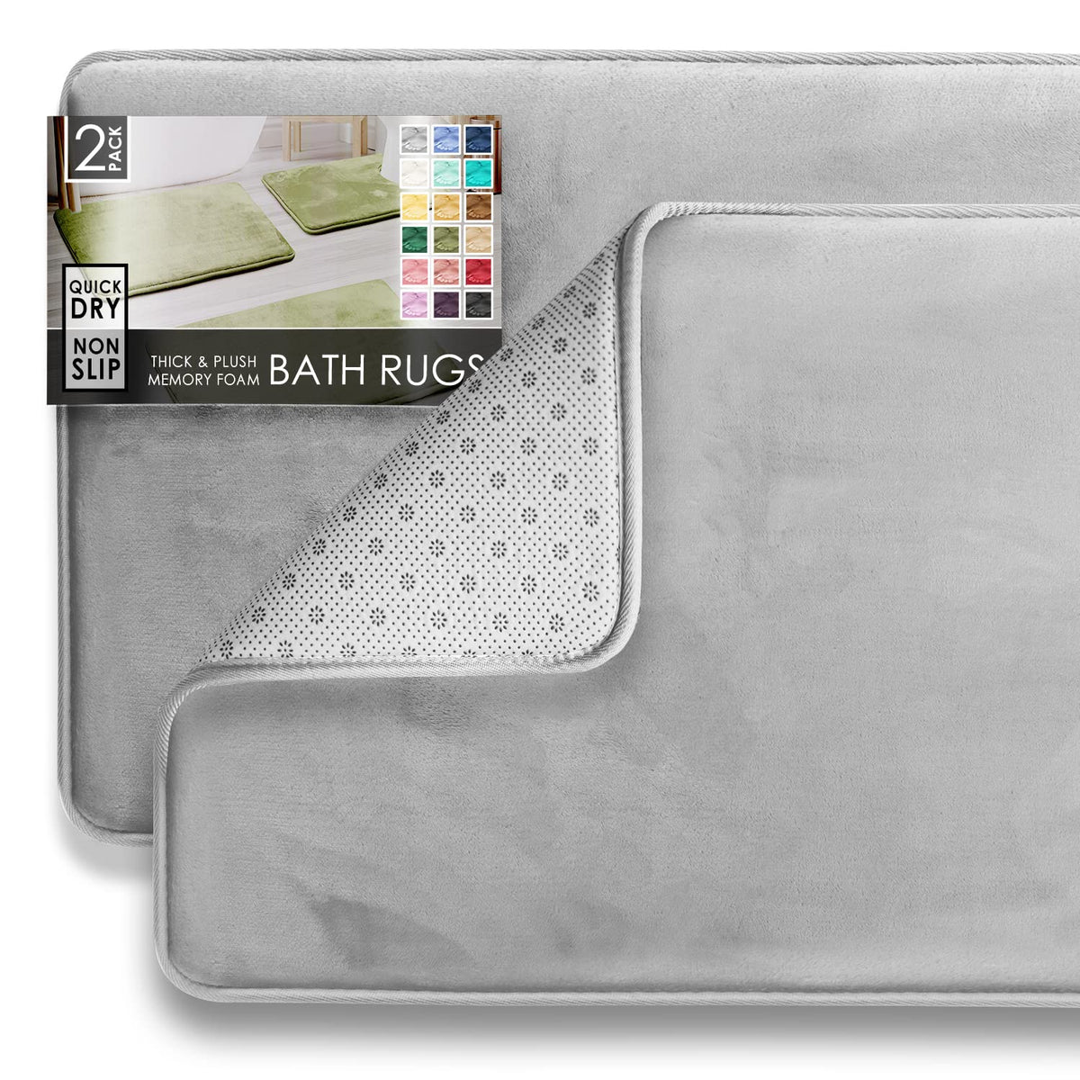Clara Clark 3 Piece Bathroom Rugs Bath Mat Set, Velvet Memory Foam Bath Mats for Bathroom - Non-Slip, PVC Backing Bath Rugs, Washable - Dries Quickly, Grey