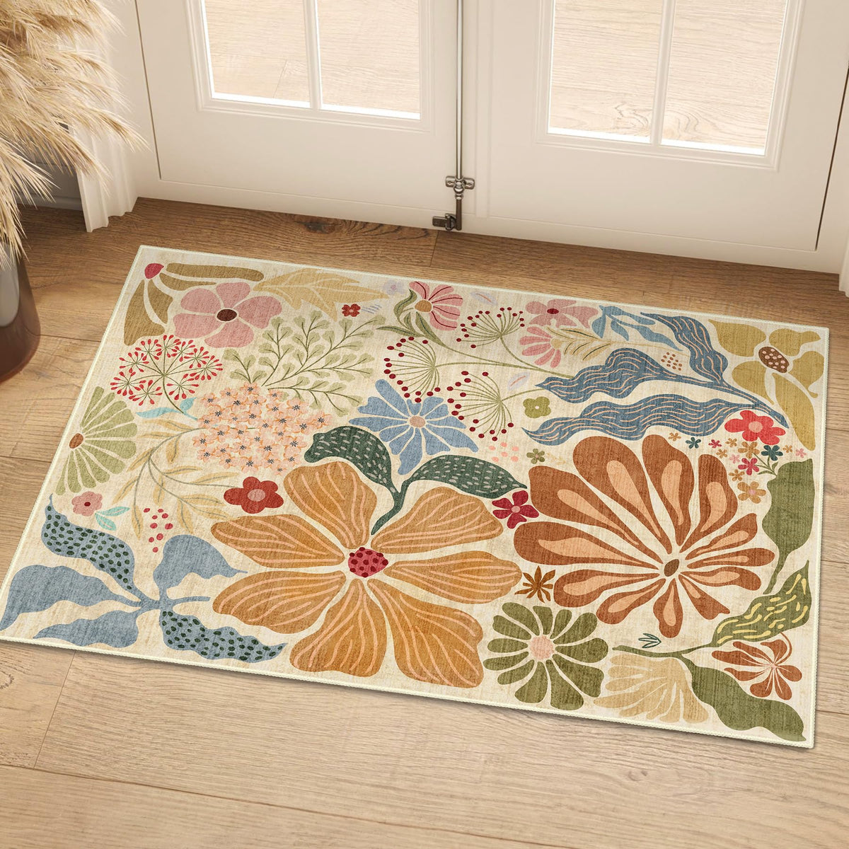 MUJOO Pink Washable 2x6 Runner Rugs Floral Area Rugs Non Slip Low-Pile