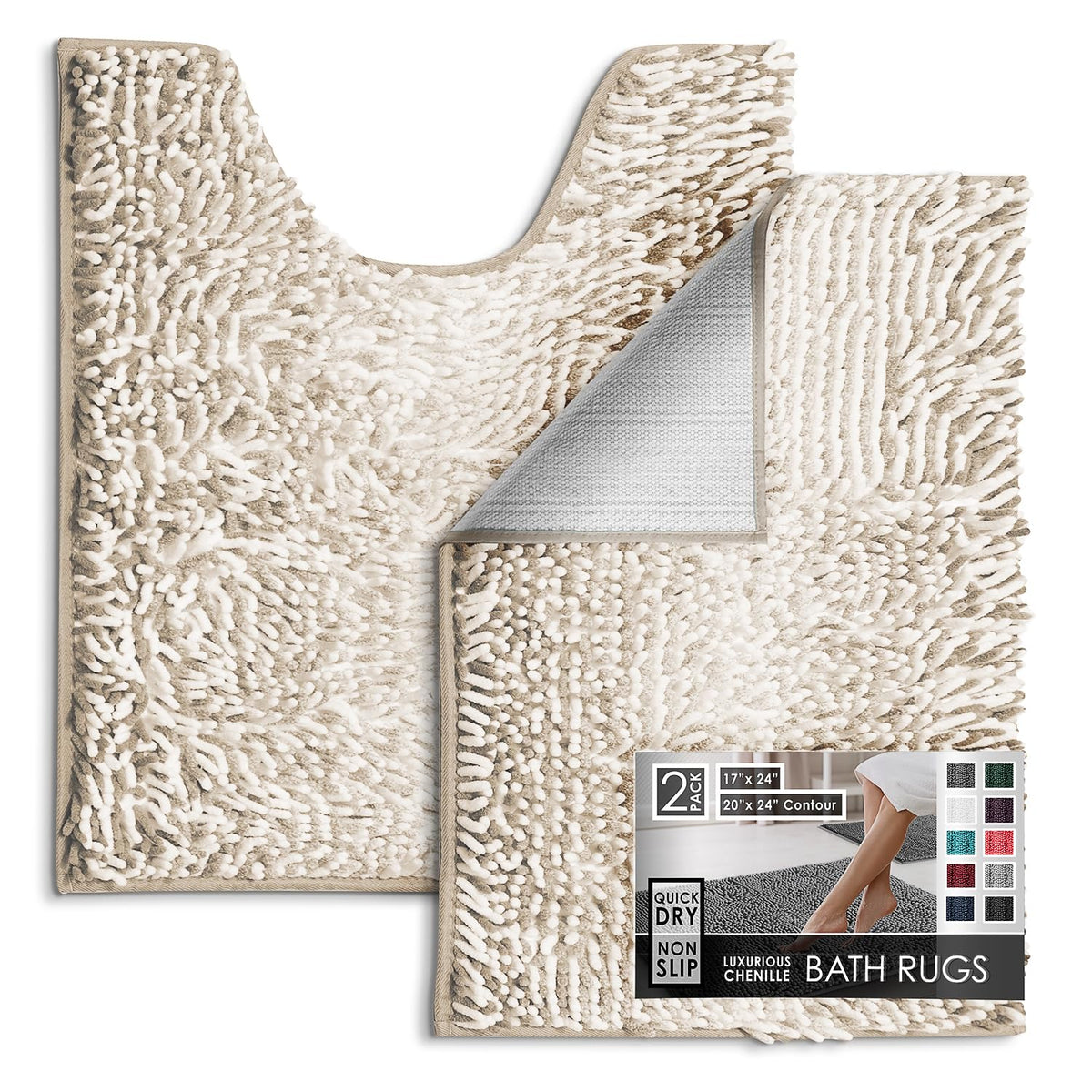 Hearth & Harbor Bathroom Rugs, Chenille Bath Mat - Machine Washable Bath Mats for Bathroom Non-Slip Backing Rubber, Quick Dry Bathroom Mat, 17 x 24 + 20 x 32 - Hunter Green