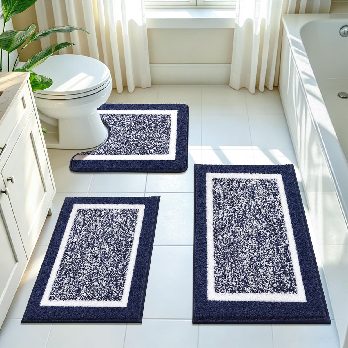 Pauwer Bathroom Rugs 3 Piece Set, Non Slip Washable Bath Mat, Dark Grey
