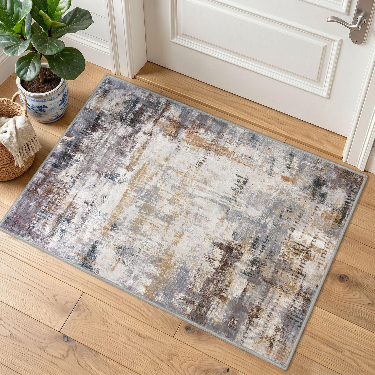 KOZYFLY Abstract Entryway Rug 2x3 Washable Door Mat Indoor Blue Beige