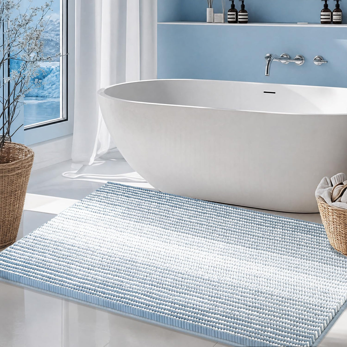 BSICPRO Bathroom Rugs Sets 2 Piece, Non Slip Striped Bath Mats, Sage