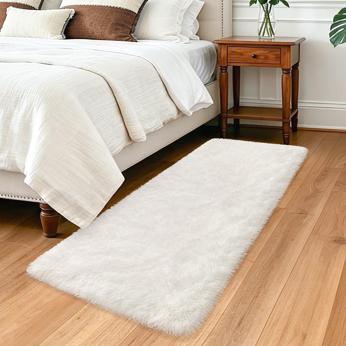Soft Fluffy Beige Runner Rug for Bedroom, Bedside Long Rug Runner