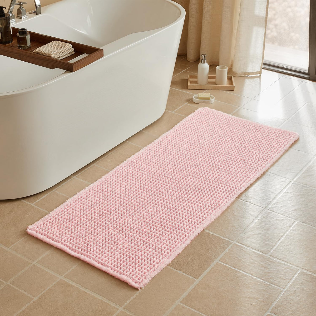 Triohero Waffle Bath Mat, Small Boho Bathroom Rugs Non Slip, 16x24 Khaki