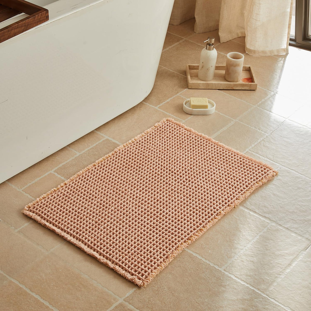 Triohero Waffle Bath Mat, Small Boho Bathroom Rugs Non Slip, 16x24 Khaki