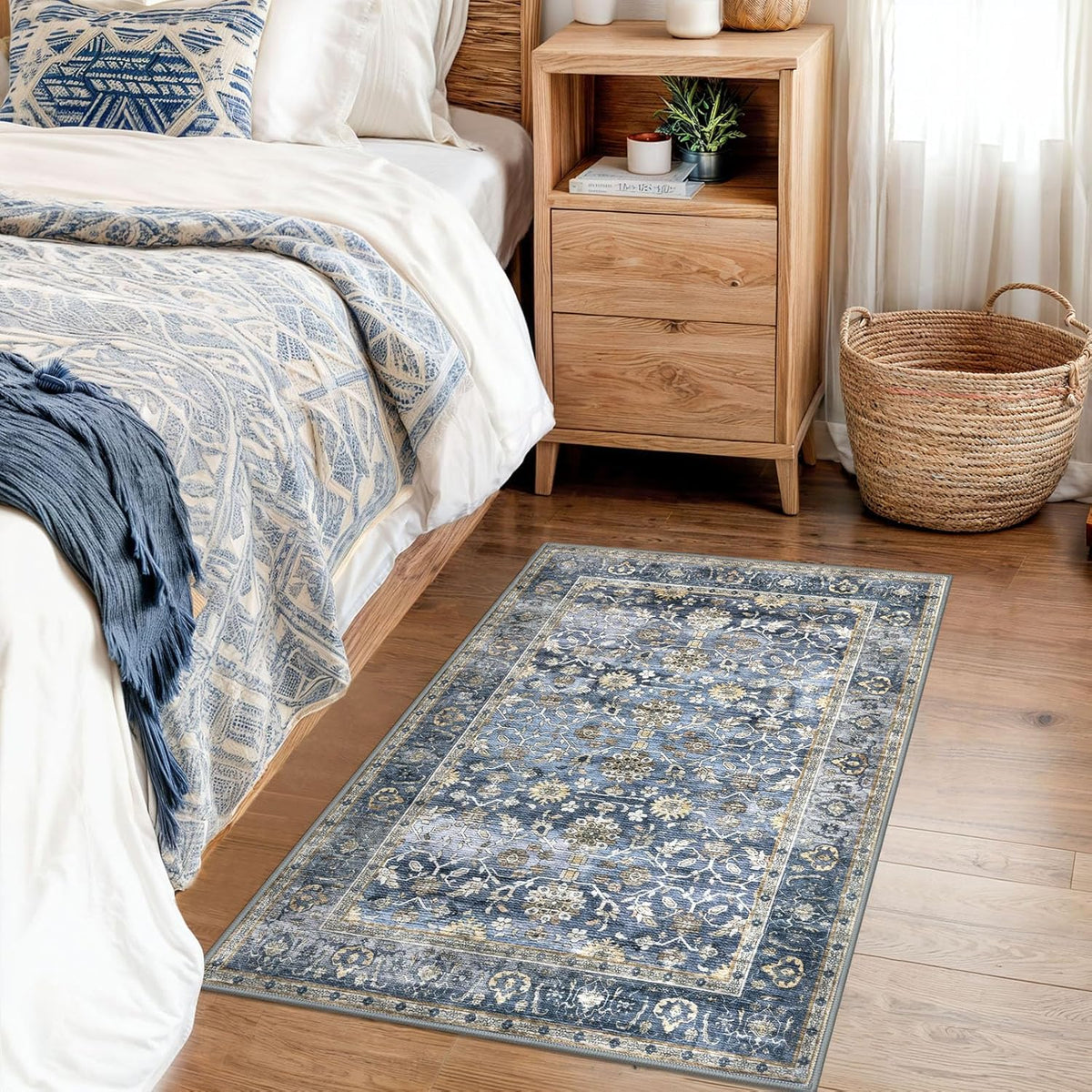 KUTA Vintage Floral Washable 2x3 Rugs for Entryway Blue Grey Beige