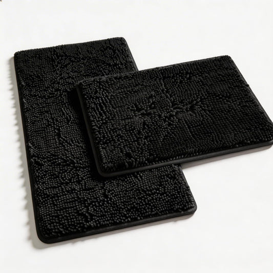 RUN HELIX Bathroom Rugs Set 2 Piece Thick Chenille Bath Mats, Soft Quick Dry Plush Absorbent Bath Rugs with Non-Slip PVC Backing, 32x20+24x16 Inch Black